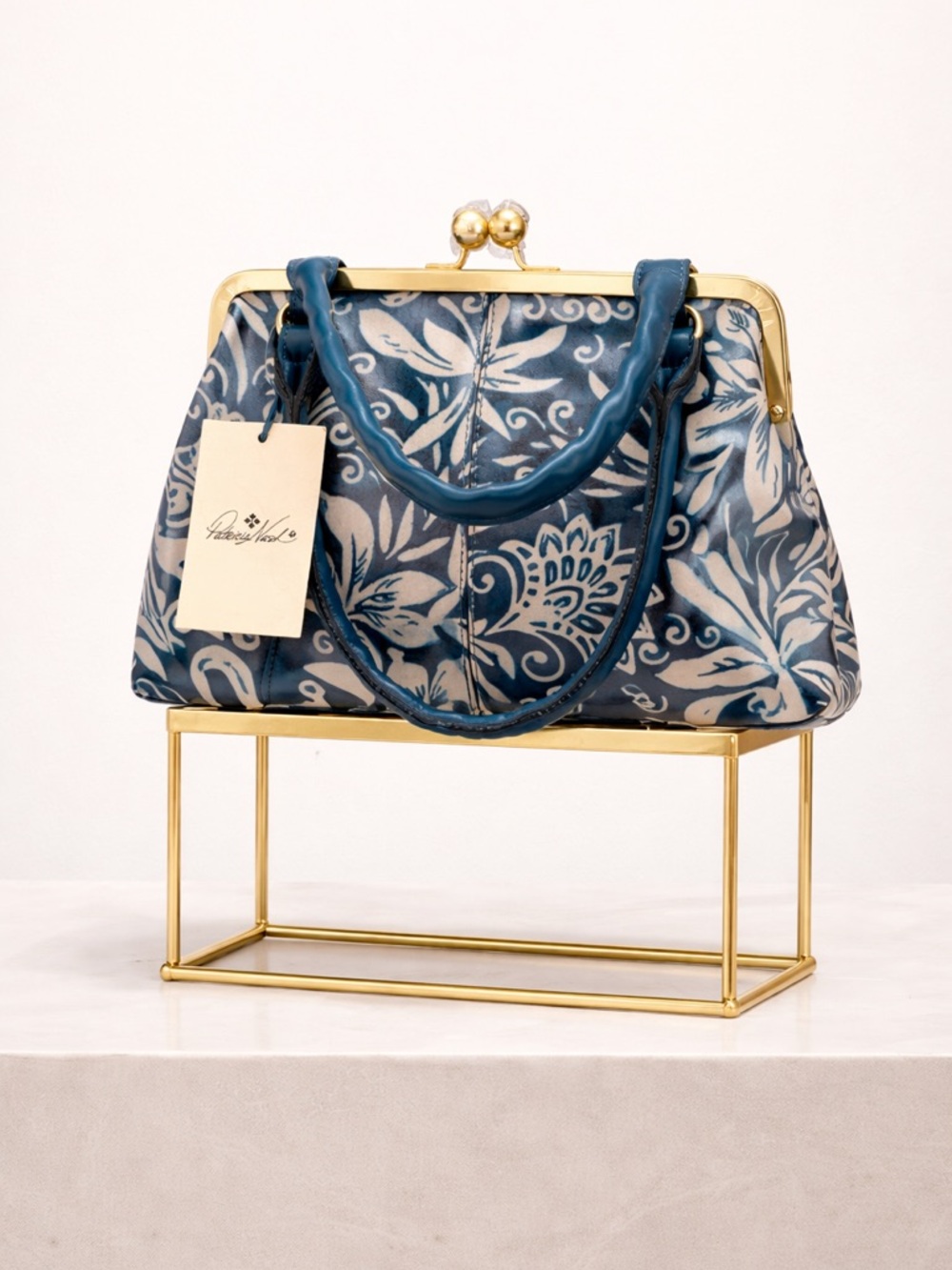 NWT Patricia Nash -Vintage Floral Blue Frame-Top Handbag with shoulder strap.